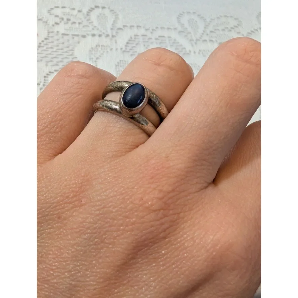 Vintage Signed 925 Sterling Silver Mexico Lapis Lazuli Double Split Band Ring